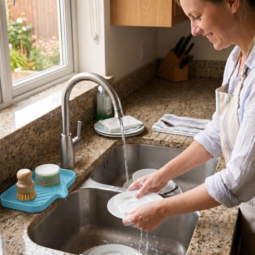 MicoYang Silicone Soap Dish with Drain Spout — Self-Draining Sink Organizer Tray for Bathroom & Kitchen, Sponges, Dispensers & Soap Holder, Non-Slip & Dishwasher Safe, Light Blue (Medium, 9.6"×5.3") - Image 6