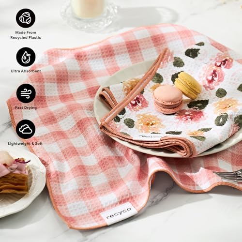 RECYCO Waffle Kitchen Towel Set of 2 - Quick Dry Microfiber Sustainable Dish Towels - Absorbent Reusable Cleaning Tea Towels - Lightweight Hand Towels,16”x 28”, Rose Plaid - Image 3