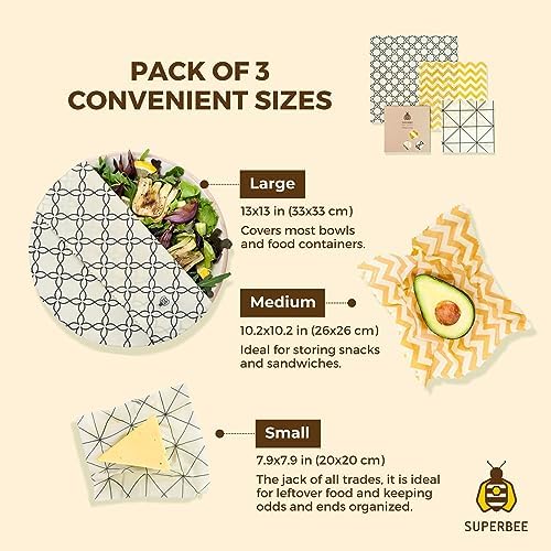 SuperBee Beeswax Wraps Set of 3 Reusable Food Wrap Bees Paper Classic - Image 2