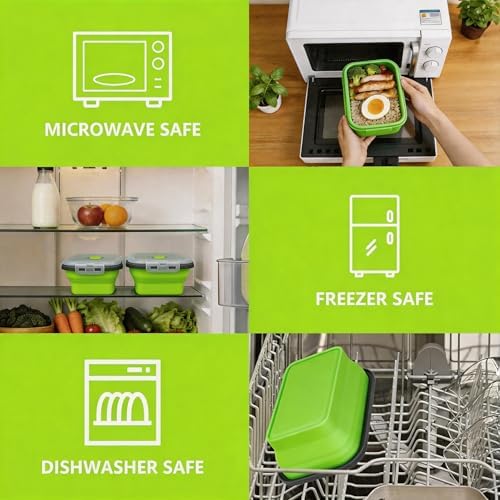 Collapsible Silicone Food Storage Containers Set, 4PCS Foldable Lunch Boxes with Lids & Air Vent, 27oz Multifunctional Travel Food Containers, Bento Boxes, Green - Image 4