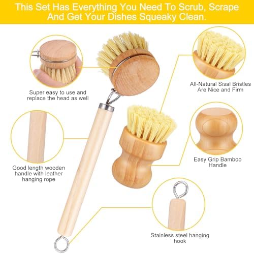 9 Pcs Bamboo Dish Brush Set, Multifunctional Dishwashing Scrubber with Natural Sisal Bristles, Wooden Dish Brush for Cleaning Pots, Dishes, Pans, Vegetables - Image 3