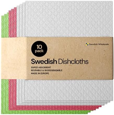 Swedish Wholesale Dishcloths Reusable 8" x 7" Sponge Cloths, Bulk 10 Pack of High Absorbent Cellulose Dish & Kitchen Cleaning Hand Towels, Wring to Dry & Machine Wash, Odor Resistant, Assorted Colors by SwedishWholesale