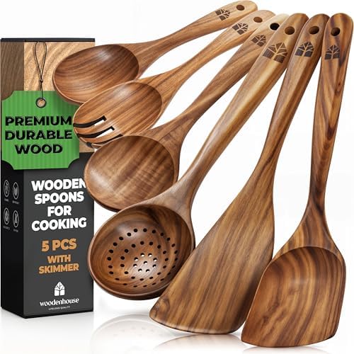 Wooden Spoons for Cooking, Teak Wood Kitchen Utensil Set – Multipack by Woodenhouse