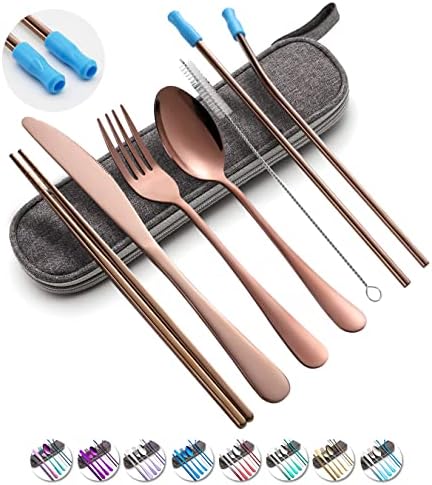 Travel Utensils Set with Case Reusable Portable Cutlery Set Stainless Steel 8pcs Including Dinner Knife Fork Spoon Chopsticks straws(Rose Gold) by OASMU