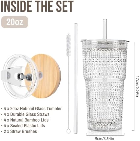 SoulTimes 20oz Hobnail Glass Tumbler with Bamboo Lids and Straws - Iced Coffee Glass Cups for Smoothie, Matcha, Juice, Water etc. Leakproof and Reusable Glassware Drinking for Travel To Go [4 Pcs] - Image 4