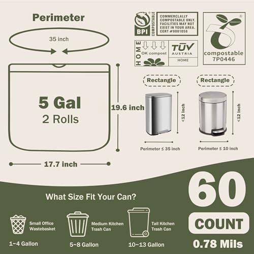 Compost Bags 5 Gallon with Drawstring Tear Off 20 Liter Extra Thick 0.78 Mils Compostable Food Scrap Waste Bags with US BPI ASTM D6400 and Europe OK Compost Home Certified 60 Counts - Image 5