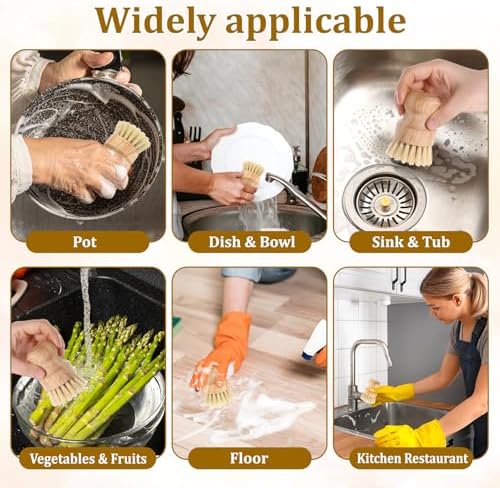 12 Pack Bamboo Scrub Brush for Dishes with Natural Sisal Bristle - Image 6
