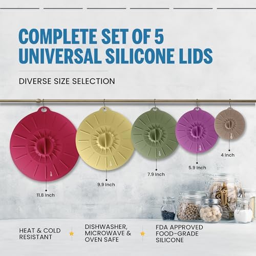 Silicone Lids for Food Storage - 5 Pack - 5 Sizes - Food Grade - Reusable Silicone Bowl Covers for Pots and Pans - Microwave Splatter Cover - Fits Cups, Plates,-Stove, Oven, Fridge, Dishwasher Safe - Image 2