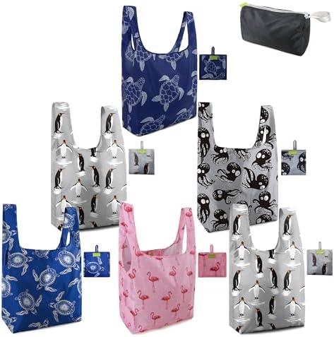 BeeGreen Animals Reusable Grocery Bags Turtle Peguins Flamingo Octopus Reusable Kitchen Bags Bulk Foldable-Machine Washable with Zipper Storage Pouch 6 Packs by BeeGreen