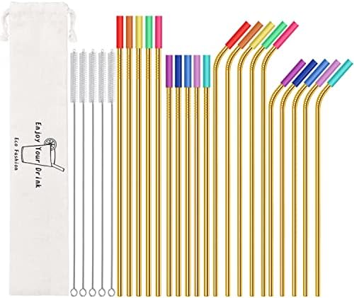 20 Pcs Gold Reusable Stainless Steel Straws,10.5" & 8.5" Reusable Drinking Straws with 20 Silicone Tips 5 Straw Brushes 1 Travel Case,Eco Friendly Extra Long Metal Straw for 20 24 30 oz Tumbler by MUTNITT