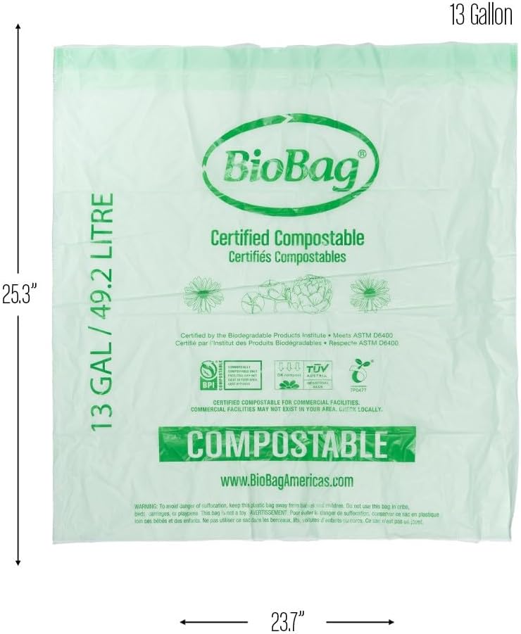 13 Gallon Compostable Drawstring Trash Bags by BioBag, 40 Count, BPI Certified, Meets ASTM D6400 Standards, Easy-Tie Kitchen Liners - Image 5