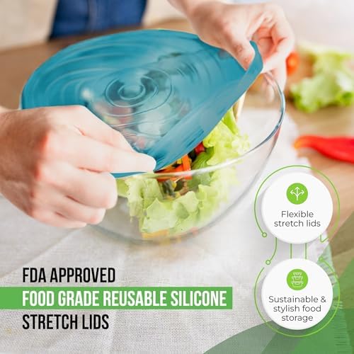 Reusable Silicone Stretch Lids for Food Storage in Fridge - Elastic Heat-Resistant Bowl Covers, Cups, Cans, Jars - Universal Food Grade Lid for Containers - 7 Pack - Blue Mist Stretchy Lid Set - Image 3