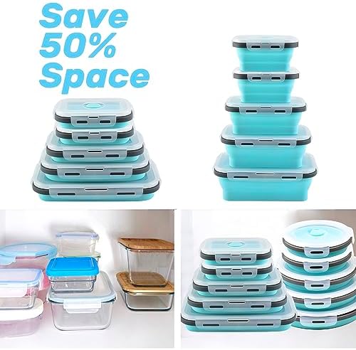 GEMLORD 10 Pieces Collapsible Food Storage Containers Foldable Silicone Lunch Containers with Airtight Lids, 5 Pcs Rectangle and 5 Pcs Round Food Bowls for Kitchen Microwave Freezer Dishwasher Safe - Image 3