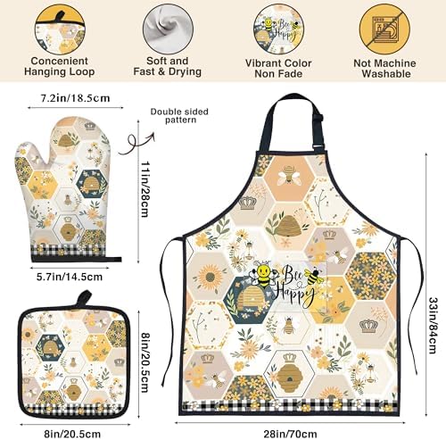Bee Gifts for Women,8pcs Kitchen Utensils Set with Apron Oven Mitt Pot Holder - Unique Bee Bamboo Wooden Cooking Spoons Set,House Warming,Easter,Birthday - Image 4