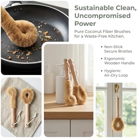 Coconut Fiber Dish Brush Set of 2 Natural Bristle Scrubber - Image 3