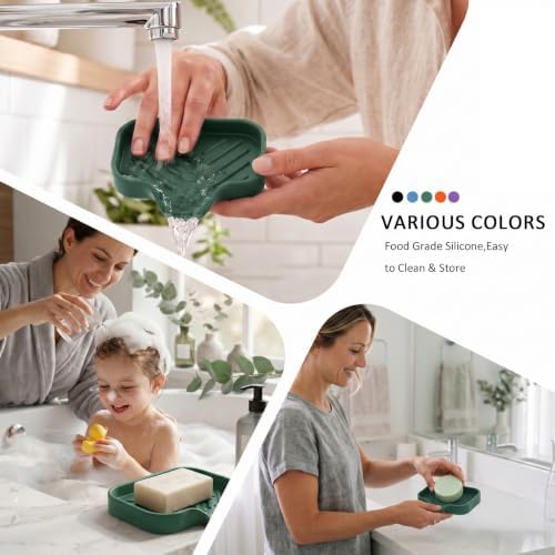 MicoYang Silicone Soap Dish with Drain Spout, Self-Draining Sink Organizer Tray for Bathroom and Kitchen, Sponges, Dispensers and Soap Holder, Non-Slip and Dishwasher Safe, Green (Compact, 4.9"×3.2") - Image 4