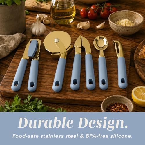 COOK WITH COLOR 6-Piece Kitchen Tool Set with Acacia Wood Cutting Board, Can Opener, Pizza Cutter & Prep Essentials, Blue - Image 5