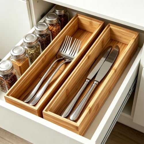Kitchen Bamboo Drawer Organizer Set of 2, Small Narrow Stackable Drawer Organizer for Silverware, Utensils, Cutlery, Flatware, Junk Drawer, Dresser, Bathroom, 12" x 3" x 2" - Image 5