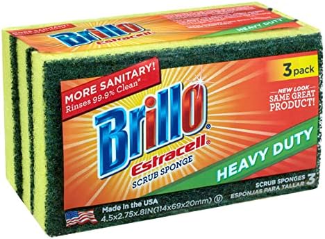 Brillo: Estracell Heavy Duty Scrub Sponge - 3ct - Yellow & Green Dual-Sided, Bacteria Resistant, Clean Tough Kitchen Messes, Dishes-Sink-Countertops by BRILLO
