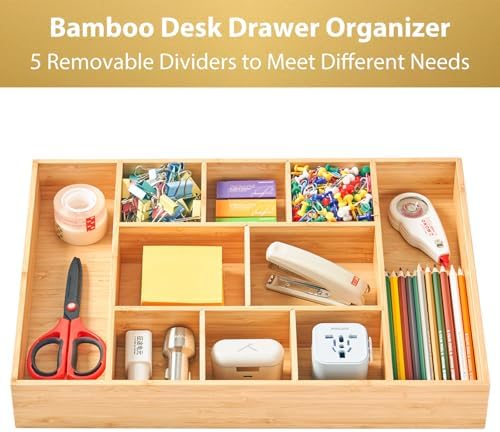 Umilife Extra Large Bamboo Desk Drawer Organizer, Wood Junk Organizer Tray with Adjustable Dividers, Anti-Skip Storage Organization in Office Bathroom Drawer for Vanity, Makeup, 17" x 12" - Image 2