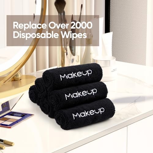 HOMEXCEL Makeup Remover Cloth 12 Pack,Premium Washable Soft 13x13 Inch Facial Cleansing Makeup Towels,Quick Dry Microfiber Face Towels Washcloths for All Skin Types,Black - Image 5