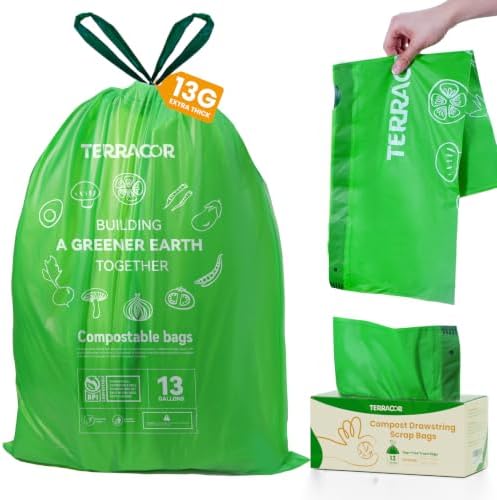 13 Gallon Compostable Trash Bags Drawstring, Heavy Duty Extra Thick 1 Mil, 35 Bags, Tall Kitchen Food Scrap Waste Bag, ASTM D6400 by TerracorPackaging