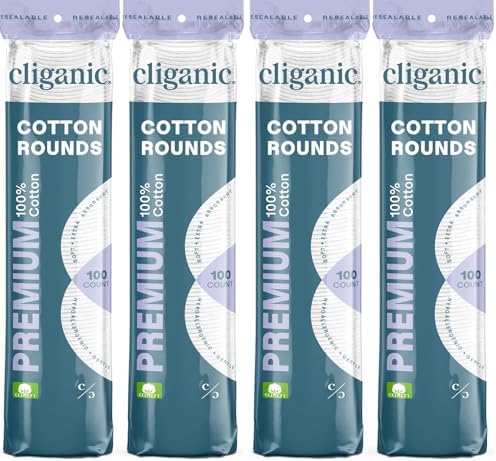 Cliganic Premium Cotton Rounds for Face (400 Count) | Makeup Remover Pads, Hypoallergenic, Lint-Free | 100% Pure Cotton (Pack of 4) by Cliganic
