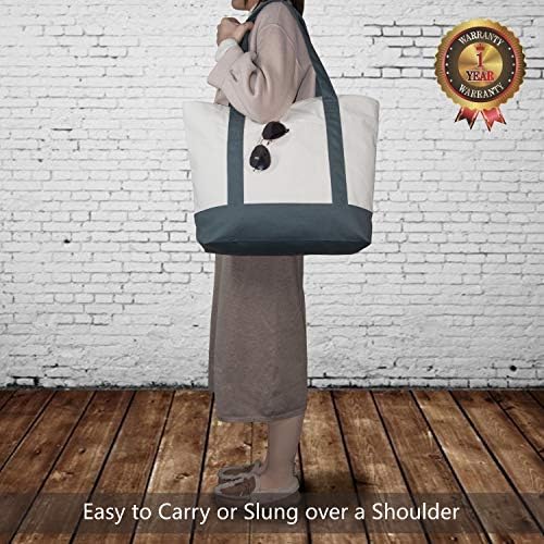 TOPDesign 3-Pack Canvas Tote Bags with an External Pocket, Reusable Grocery Shopping Bags, Top Zipper Closure, Daily Essentials (Grey/Natural) - Image 2