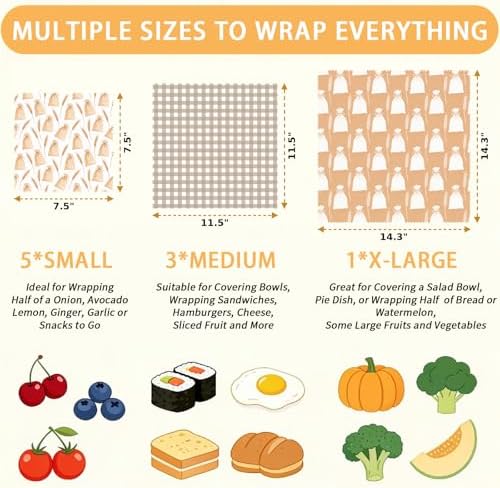 Reusable Beeswax Wrap, Flour Sack and Gingham Wraps, 9 Pack Sheets for Bread, Fruit, Bowl, Organic, Sustainable, Zero Waste, Plastic-Free Food Storage, 1XL, 3M, 5S - Image 2