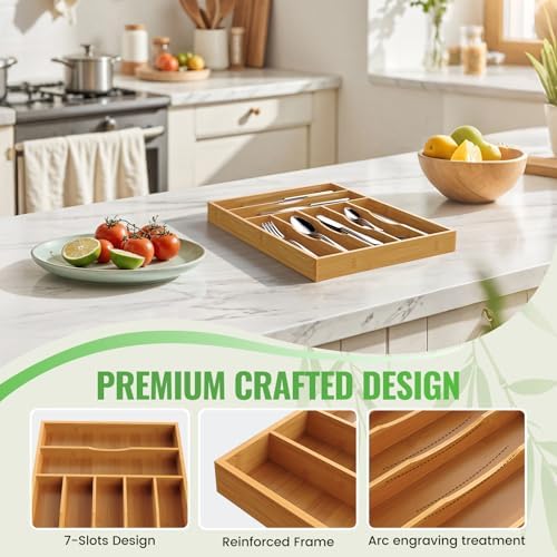 Bamboo Silverware Organizer, 12 Inch Bamboo Kitchen Drawer Cutlery Organizer, Utensil Holder, Flatware Organizer Tray (15.8"x11.9"x1.6") - Image 5