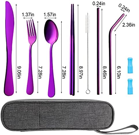 Travel Utensils Set with Case Reusable Portable Cutlery Set Stainless Steel 8pcs Including Dinner Knife Fork Spoon Chopsticks straws (Purple) - Image 3