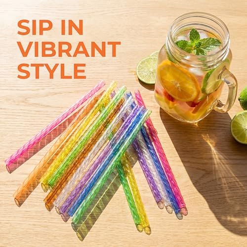 50PCS Reusable Straws with Cleaner Brush, 9.06" Long Colorful Clear Hard Plastic Swirl Drinking Straws for 12 oz 16 oz Mason Jar, Tumblers, Milk, Juice, Iced Coffee, Smoothies, Cocktail - Image 5
