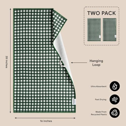 RECYCO Waffle Kitchen Towel Set of 2 - Quick Dry Microfiber Sustainable Dish Towels - Ultra Absorbent Reusable Cleaning Tea Towels - Lightweight Hand Towels,16”x 28”, Pine Green Plaid - Image 6