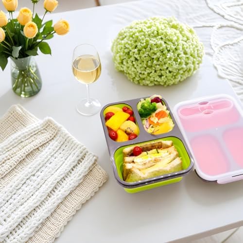 2 Pack Big Size Collapsible Silicone Bento Lunch Boxes With Lids Spoons Forks,3 Compartments, Divided Lunch Food Storage Containers, Safe in Microwave, Dishwasher and Freezer, 45.6oz, BPA Free - Image 6