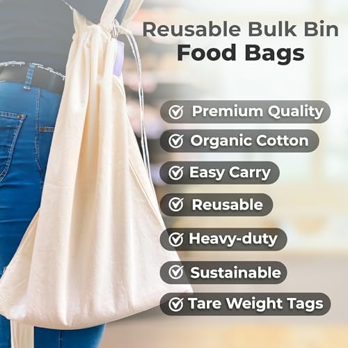 purifyou Set of 9 Mini Tote Bags with Drawstring, Reusable Organic Cotton Canvas Bags for Grocery Shopping, Dry Goods, Beach Essentials, Storage, and Travel, Washable (Large, XL) - Image 3