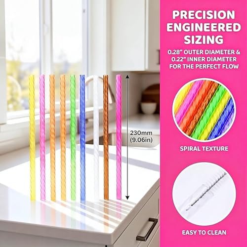 50PCS Reusable Straws with Cleaner Brush, 9.06" Long Colorful Clear Hard Plastic Swirl Drinking Straws for 12 oz 16 oz Mason Jar, Tumblers, Milk, Juice, Iced Coffee, Smoothies, Cocktail - Image 3