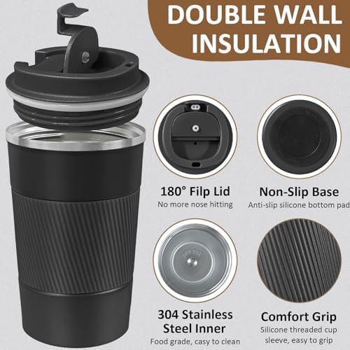 4 Pack Insulated Coffee Mug with Lid 17oz Travel Coffee Tumbler Stainless Steel Reusable Coffee Cups Thermal Coffee Mug for Hot and Iced Cold Drinks, Black - Image 3