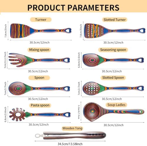 Gudamaye Pakkawood 9-Piece Rainbow Heart Wooden Utensils Set,Wooden Spoons with Soup Spoon and Wooden Tongs, Wooden Utensils for Cooking,Wooden Kitchen Tool, Home & Kitchen Gifts for Men and Women - Image 4