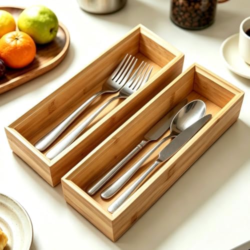 Bamboo Drawer Organizer Set of 2 for Kitchen Drawers, Small Stackable Drawer Organizer for Silverware, Utensils, Cutlery, Flatware, Junk Drawer, Dresser, Bathroom, 9" x 3" x 2" - Image 2
