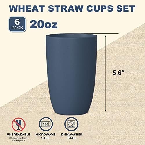 Wrova Wheat Straw Cups 6 PCS Good Alternative to Plastic Reusable Cups 20 oz Unbreakable Drinking Cup Reusable Dishwasher Safe Water Plastic Glasses Navy Blue - Image 2