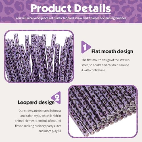 Zopeal 25 Pcs Reusable Leopard Straws with Cleaning Brushes, Purple - Image 2