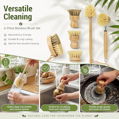 DEBETOOL 6-Piece Bamboo Dish Brush Set with Vegetable Brush - Image 6