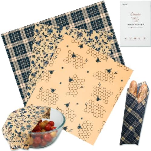 3 Pack 2L & 1XL Reusable Beeswax Wraps for Food, Reusable Beeswax Food Wraps for Bread, Cheese, Fruits, Zero Waste, Plastic-Free Storage, Natural Cotton with Plaid, Floral & Bee Patterns by Tyzarglef