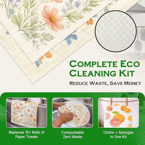 BeePure Eco-Friendly Kitchen Cleaning Bundle - 5 Reusable Swedish Dishcloths & 3 Kitchen Sponges, Absorbent Cellulose Cloths, Washable Paper Towel Alternative - Image 4