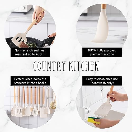 Country Kitchen Non Stick Silicone Utensil Set with Rounded Wood Handles for Cooking and Baking, 38 Piece Set, Khaki - Image 2
