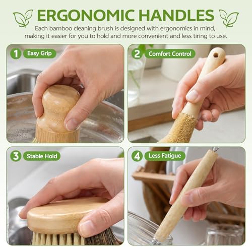 GREENTH PRO 9-Piece Bamboo Dish Brush Set with Natural Coconut Sponges - Image 3