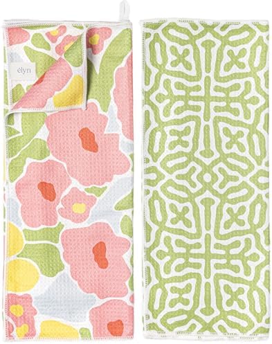 ELYN Microfiber Kitchen Dish Towel Set, Quick-Dry & Absorbent Waffle Weave Cleaning Towels, Set of 2 Kitchen Towels, Paper Towels Alternative (Bold Floral & Geo) by ELYN