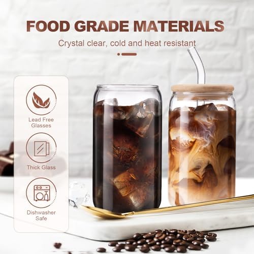 DWTS DANWEITESI Iced Coffee Cups with Lids 2 pcs,16 oz Glass Cups with Lids and Straws as Coffee Bar Accessories,Beer Drinking Glasses,Reusable Glass Tumbler,Cute Coffee Cups for Coffee, Juice, Gifts - Image 2