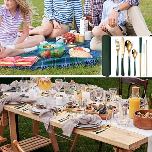 AARAINBOW 7 Pieces Stainless Steel Flatware Set Portable Reusable Cutlery Set Travel Utensils Set Including Chopsticks Knife Fork Spoon Straws Cleaning Brush Dishwasher Safe (7 Green Golden) - Image 4