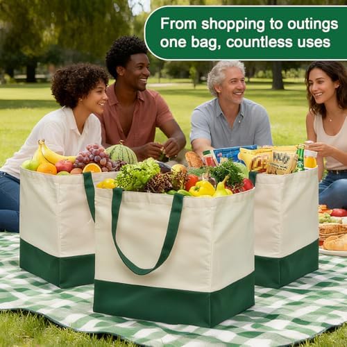 3 Pcs Reusable Grocery Bags - Heavy Duty Canvas Bag, 8.3 gal Foldable Large Canvas Tote Bag with Handles, Holds 60 lbs Tote Shopping Bags,100% Cotton（Retro Green） - Image 3
